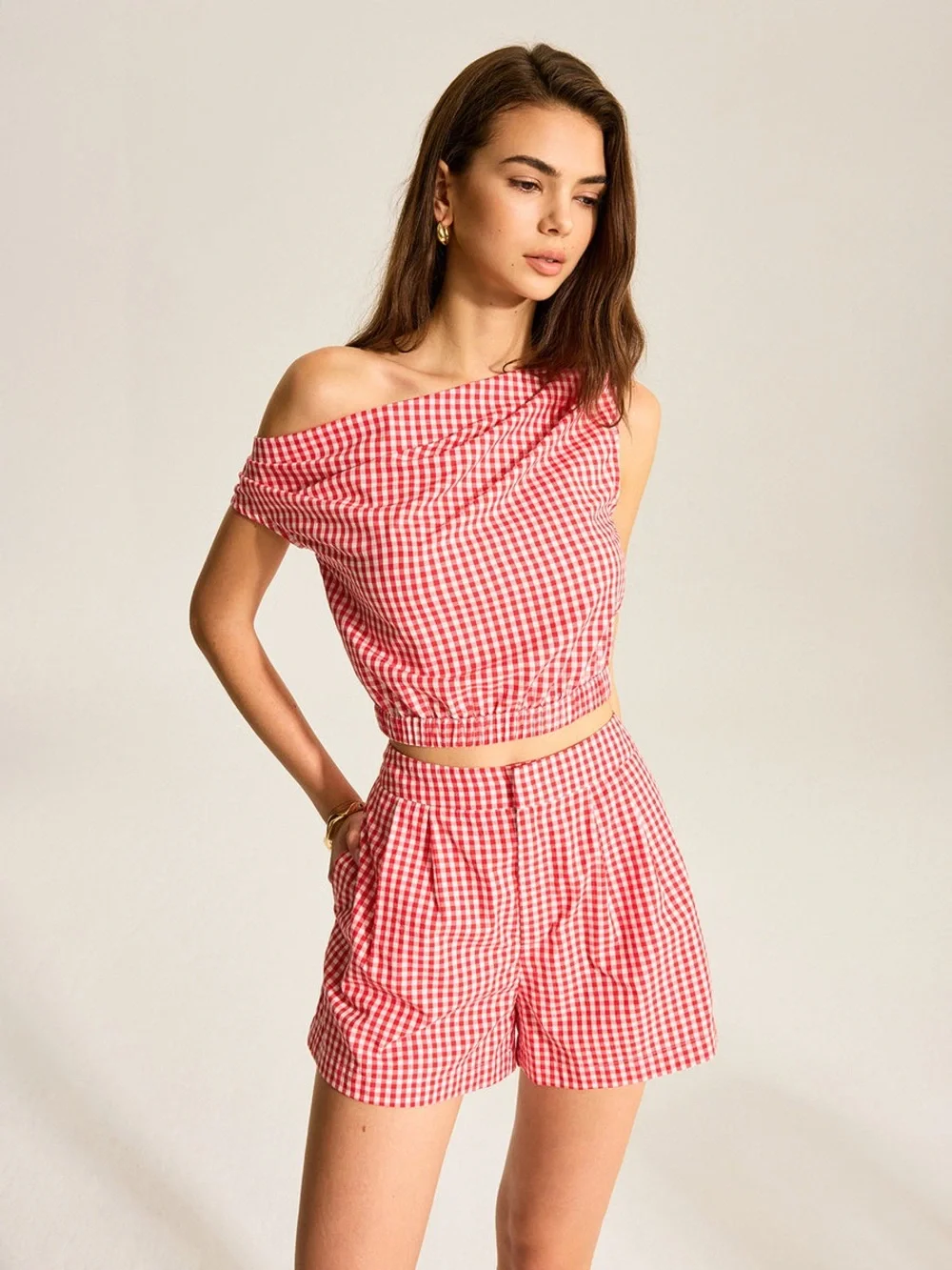 Commense Gingham One-Shoulder Top and Shorts Set